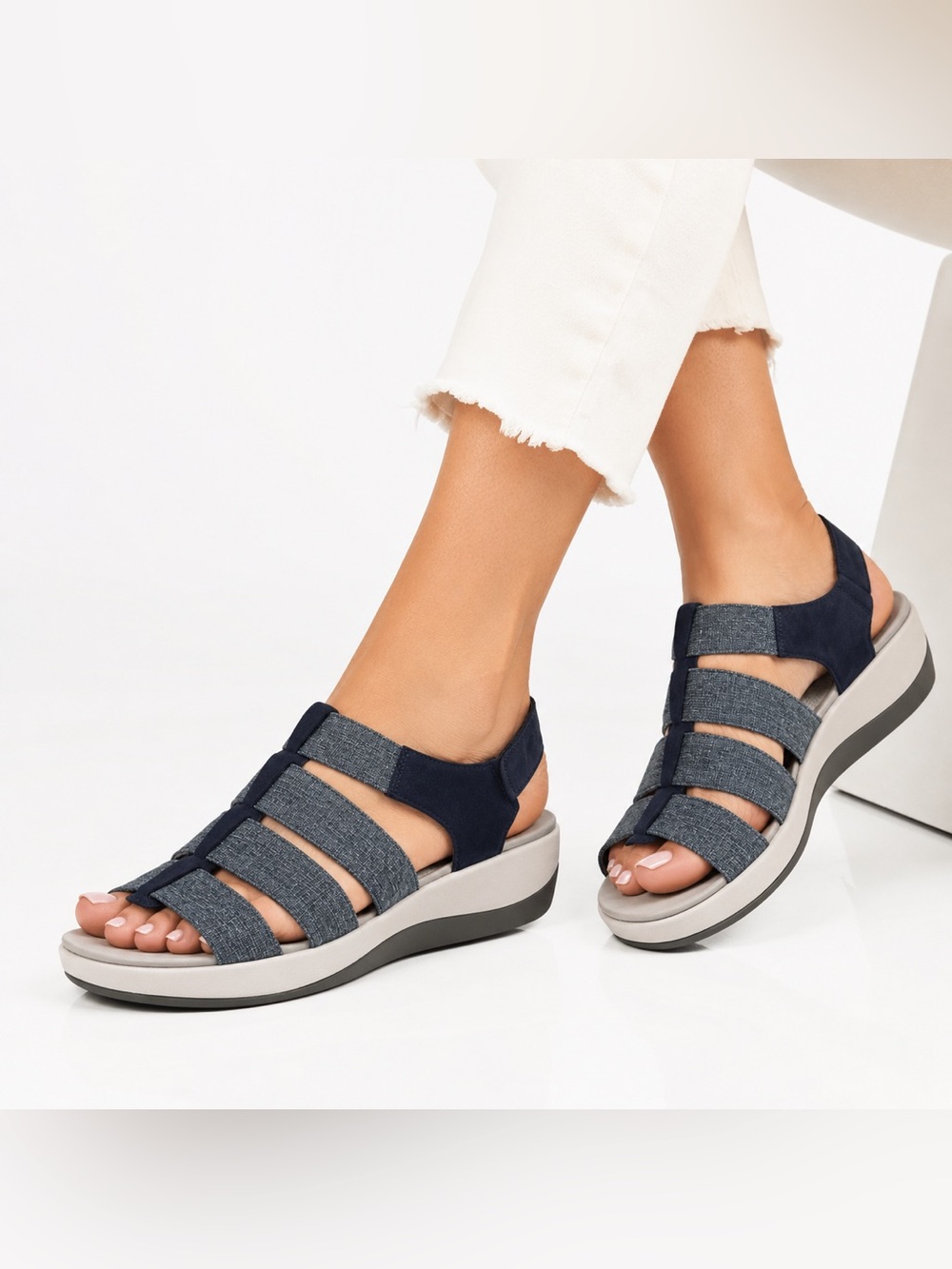 Clarks Cloudsteppers Arla Shaylie Sandals Navy Blue Comfort Slingback Wedge